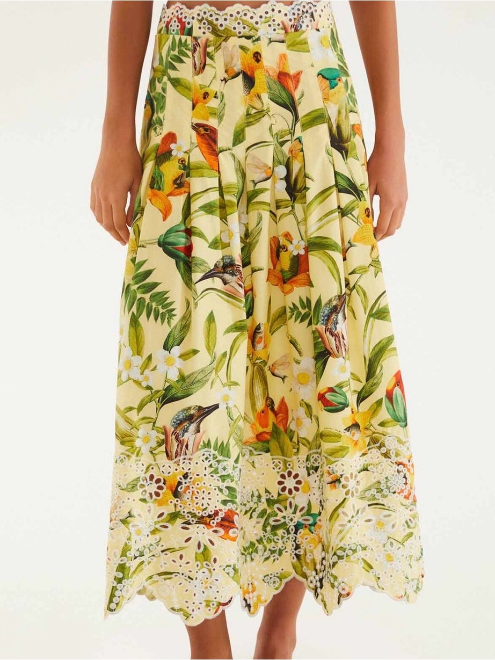 FARM Rio Yellow Tropical Floral Midi Skirt with Scalloped Eyelet Hem and waist